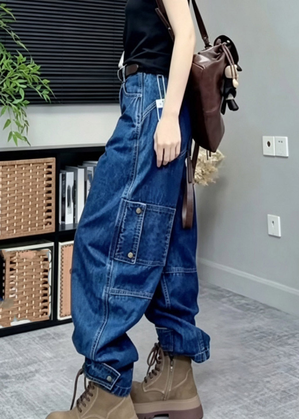 Handmade Blue Patchwork High Waist Wide Leg Jeans