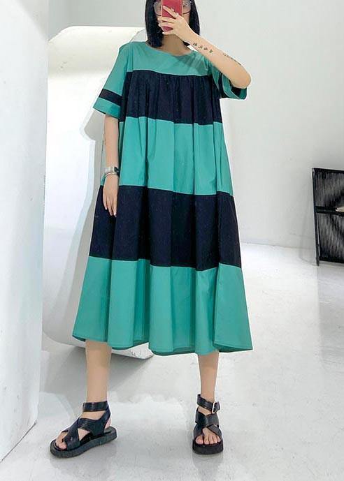 Handmade Blue Patchwork O-Neck Party Summer Cotton Dress - SooLinen