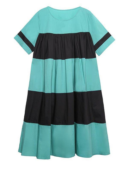 Handmade Blue Patchwork O-Neck Party Summer Cotton Dress - SooLinen