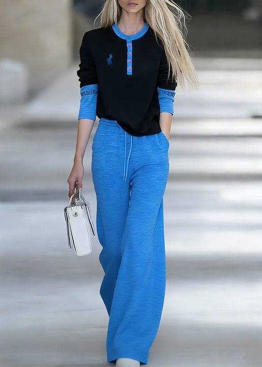 Handmade Blue Patchwork Top And Wide Leg Pants Two-Piece Set Spring