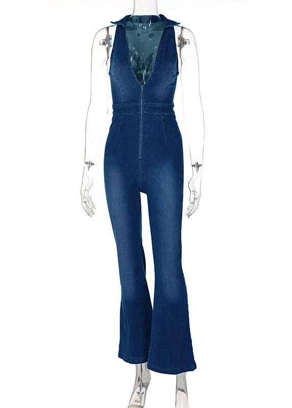 Handmade Blue Peter Pan Collar Denim Jumpsuit Sleeveless