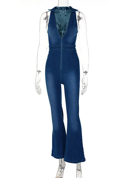 Handmade Blue Peter Pan Collar Denim Jumpsuit Sleeveless