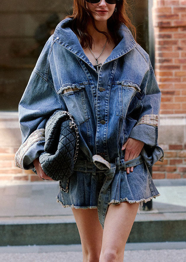 Handmade Blue Peter Pan Collar Pockets Sashe Denim Coat Fall