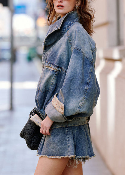 Handmade Blue Peter Pan Collar Pockets Sashe Denim Coat Fall