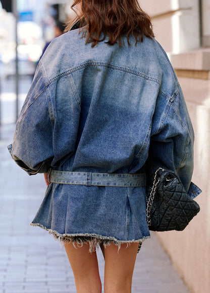 Handmade Blue Peter Pan Collar Pockets Sashe Denim Coat Fall