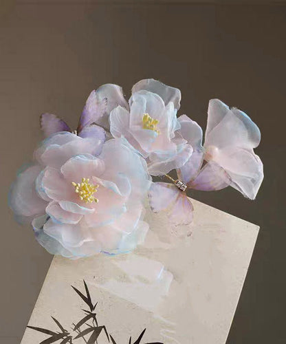 Handmade Blue Pink Silk Floral Butterfly Hairpin