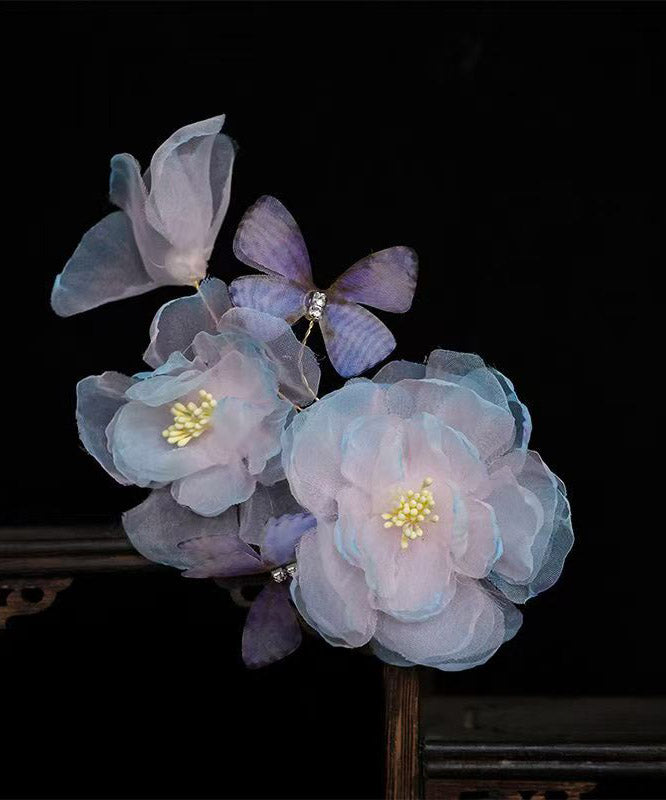 Handmade Blue Pink Silk Floral Butterfly Hairpin
