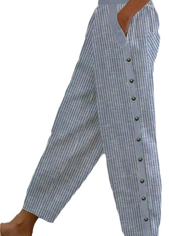 Handmade Blue Pockets Striped Cotton Crop Pants Summer