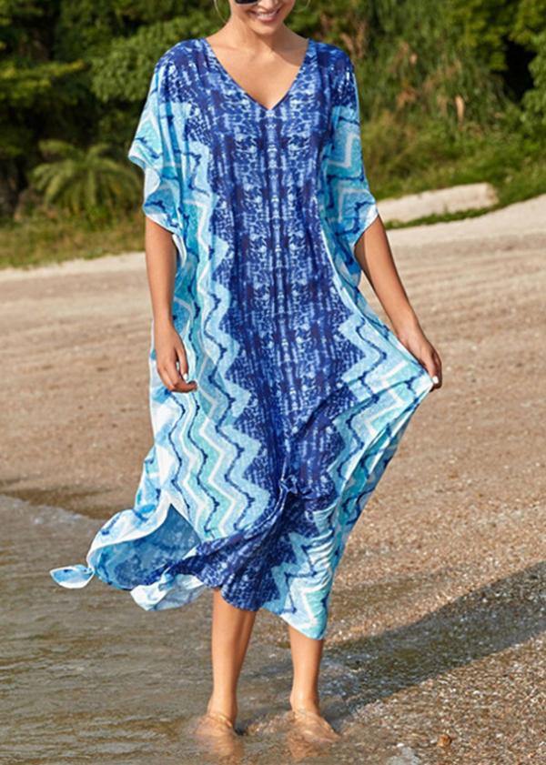 Handmade Blue Print V Neck Beach Gown Summer Maxi Dresses - SooLinen