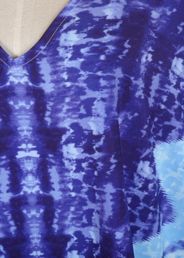 Handmade Blue Print V Neck Beach Gown Summer Maxi Dresses - SooLinen