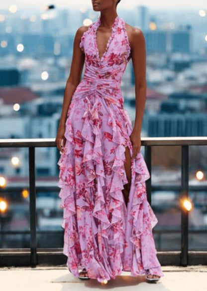 Handmade Blue Ruffled Asymmetrical Print Chiffon Long Dresses Sleeveless