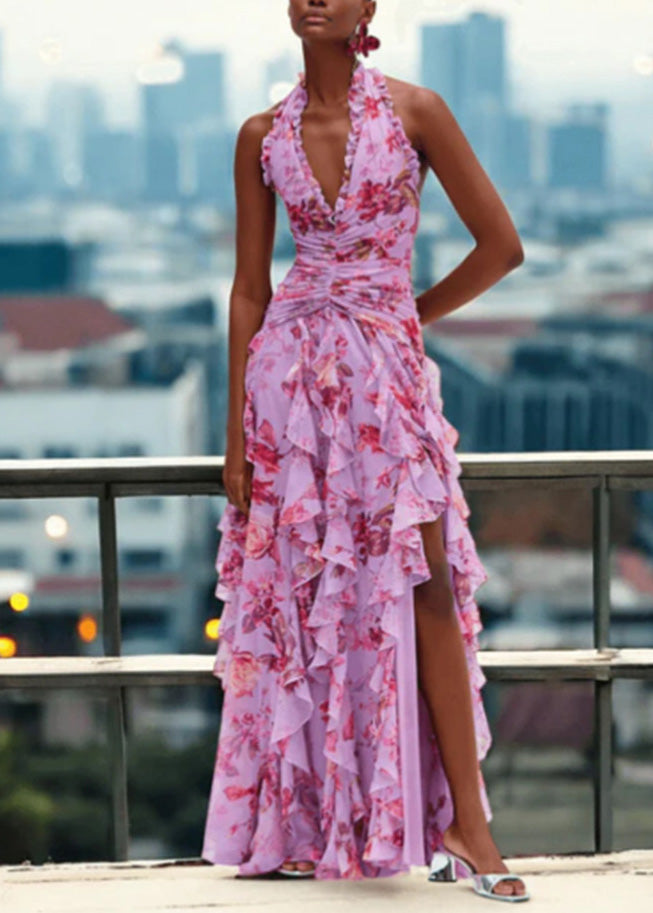 Handmade Blue Ruffled Asymmetrical Print Chiffon Long Dresses Sleeveless