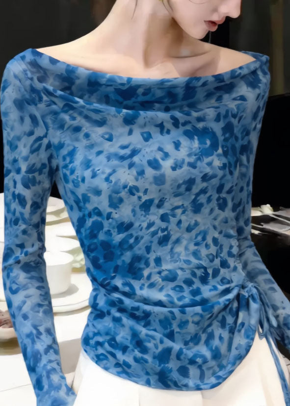 Handmade Blue Slash Neck Print Tulle Shirt Tops Summer