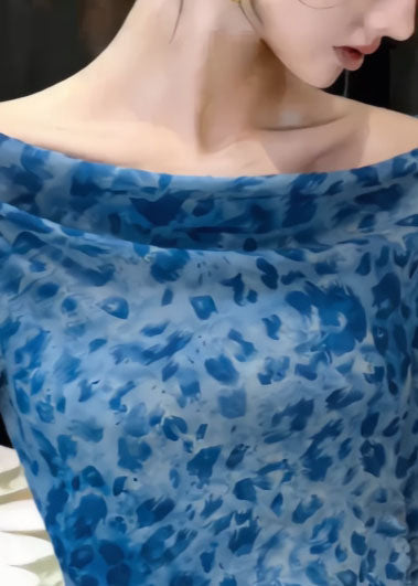Handmade Blue Slash Neck Print Tulle Shirt Tops Summer