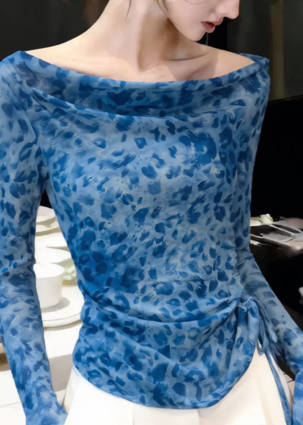 Handmade Blue Slash Neck Print Tulle Shirt Tops Summer