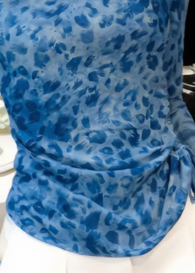 Handmade Blue Slash Neck Print Tulle Shirt Tops Summer