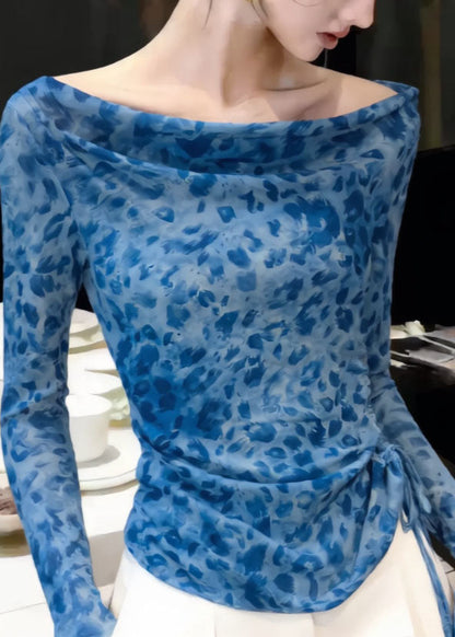 Handmade Blue Slash Neck Print Tulle Shirt Tops Summer