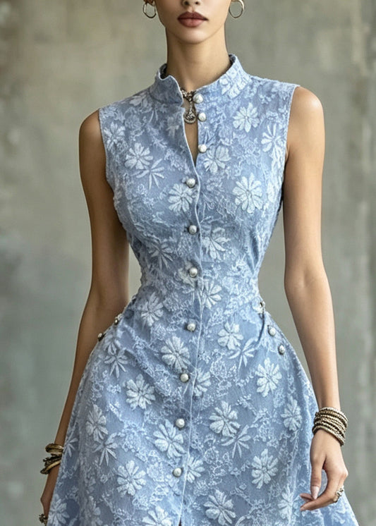 Handmade Blue Stand Collar Jacquard Cotton Dresses Sleeveless