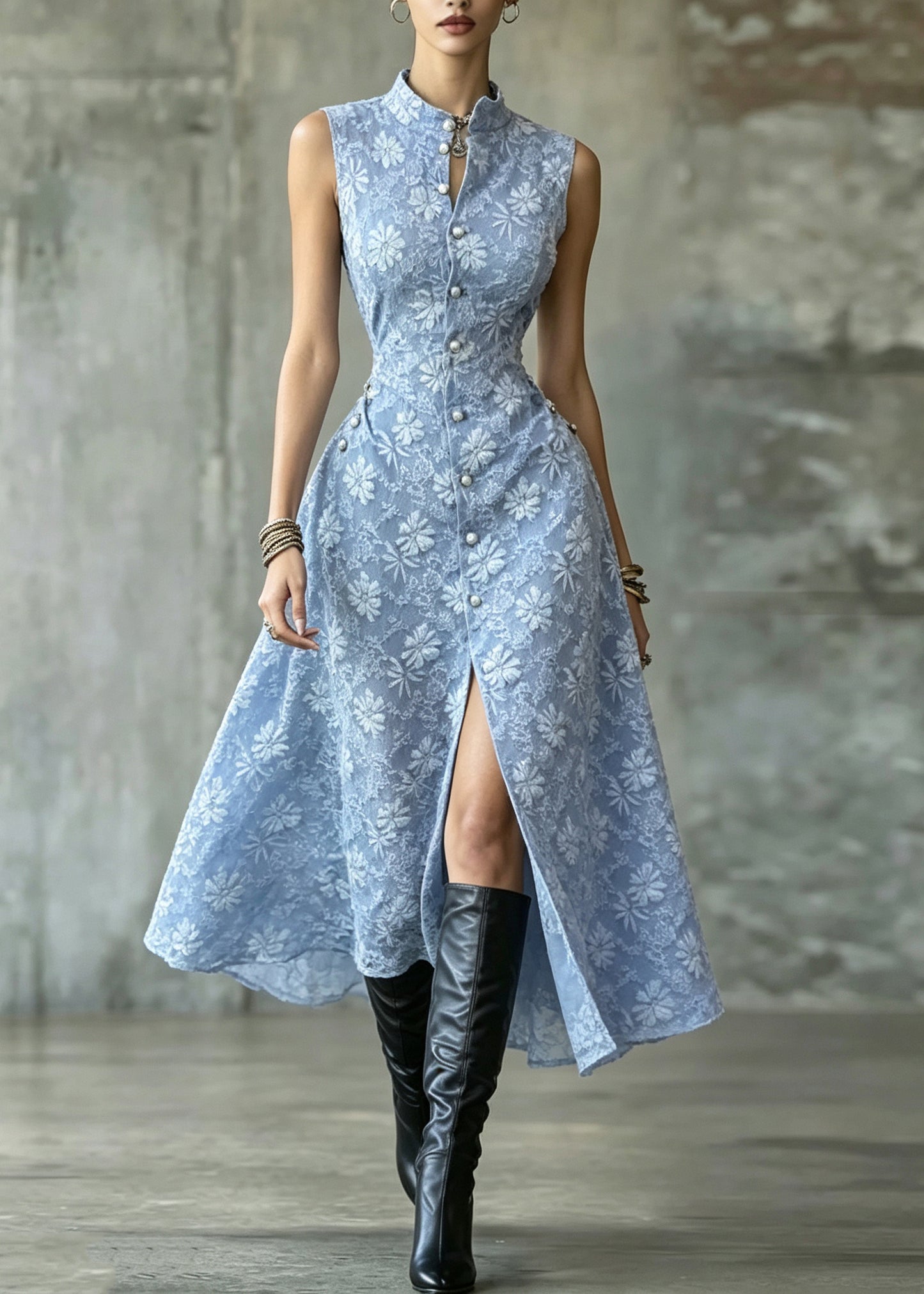Handmade Blue Stand Collar Jacquard Cotton Dresses Sleeveless