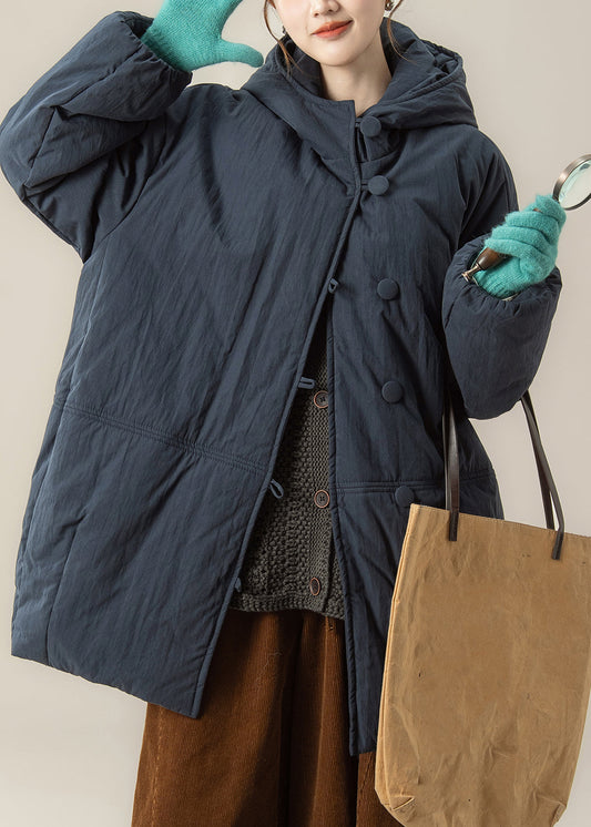 Handmade Blue Thick Warm Hooded Parkas Lantern Sleeve