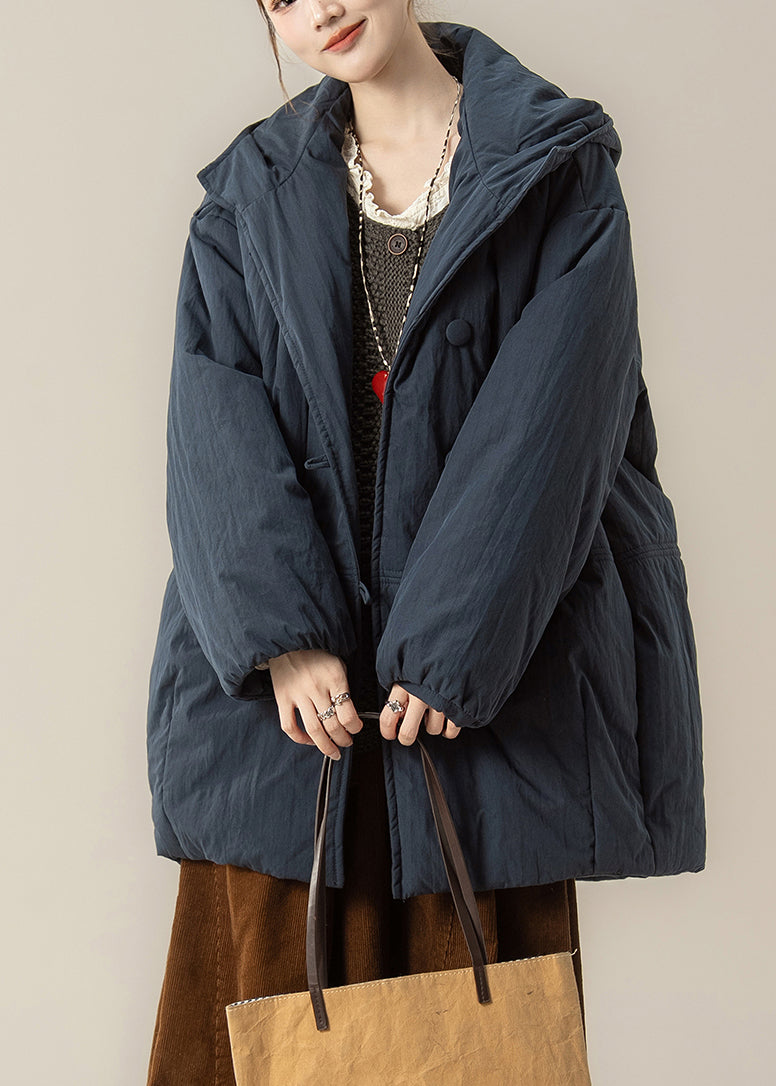 Handmade Blue Thick Warm Hooded Parkas Lantern Sleeve