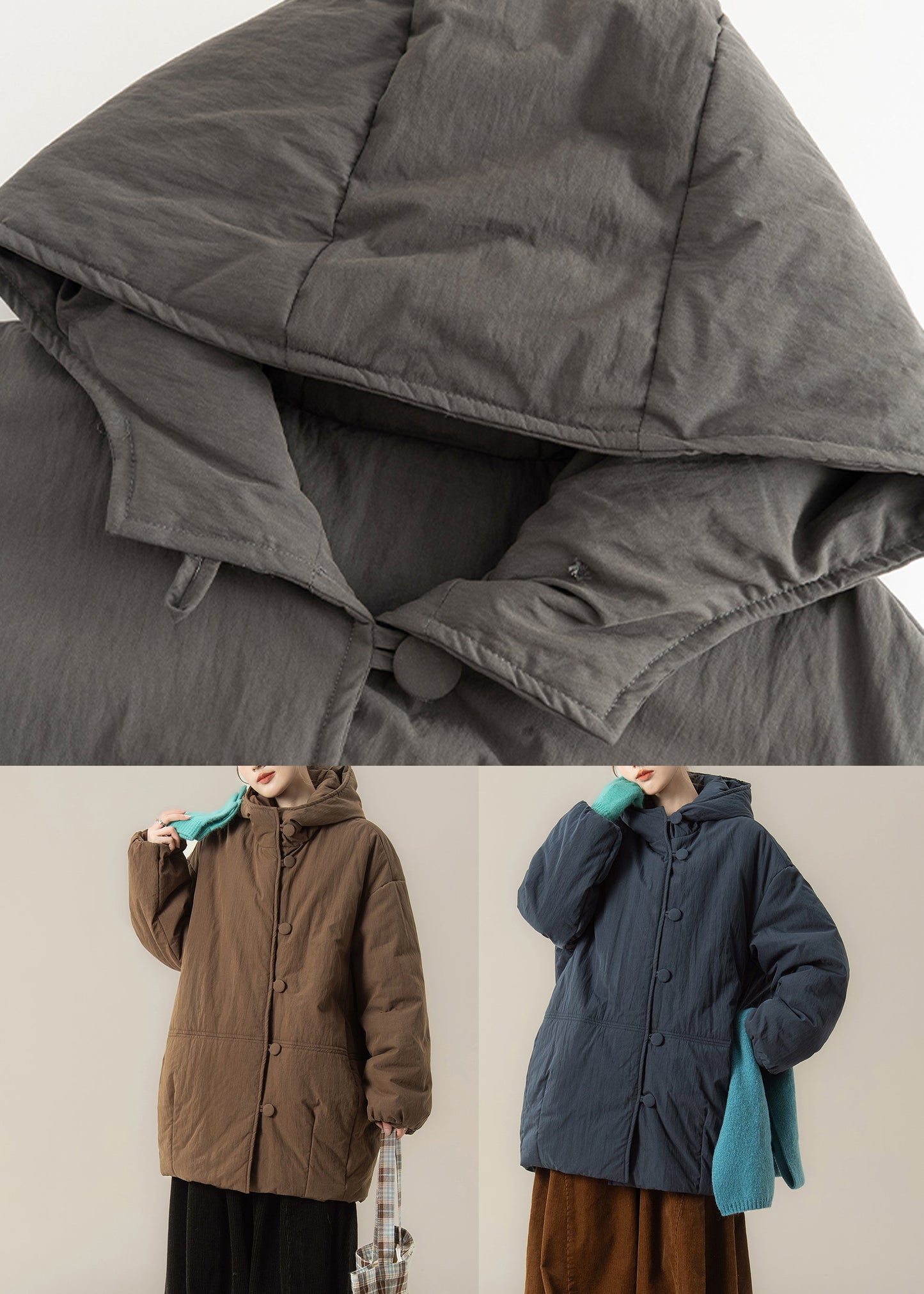 Handmade Blue Thick Warm Hooded Parkas Lantern Sleeve