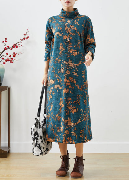 Handmade Blue Turtle Neck Print Warm Fleece Maxi Dress Winter