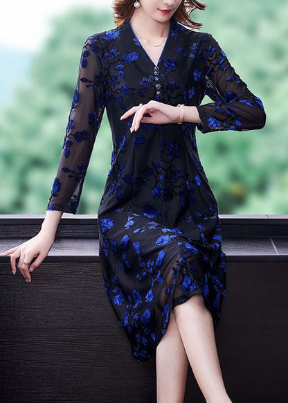 Handmade Blue V Neck Embroideried Slim Fit Tulle Dresses Spring