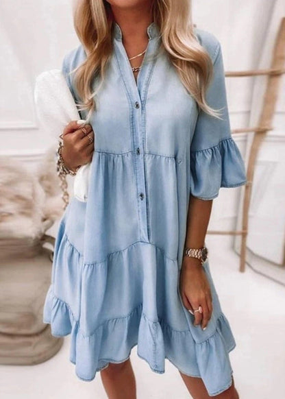 Handmade Blue V Neck Patchwork Vacation Denim Mid Dresses Flare Sleeve