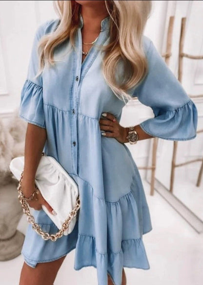 Handmade Blue V Neck Patchwork Vacation Denim Mid Dresses Flare Sleeve