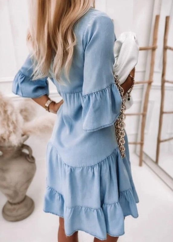 Handmade Blue V Neck Patchwork Vacation Denim Mid Dresses Flare Sleeve