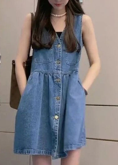 Handmade Blue V Neck Pockets Button Mid Vest Dresses Summer