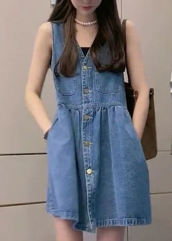 Handmade Blue V Neck Pockets Button Mid Vest Dresses Summer