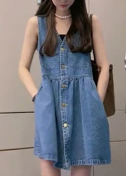 Handmade Blue V Neck Pockets Button Mid Vest Dresses Summer