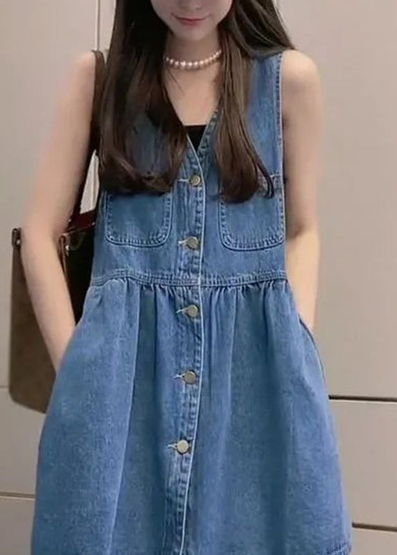 Handmade Blue V Neck Pockets Button Mid Vest Dresses Summer