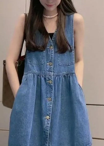 Handmade Blue V Neck Pockets Button Mid Vest Dresses Summer