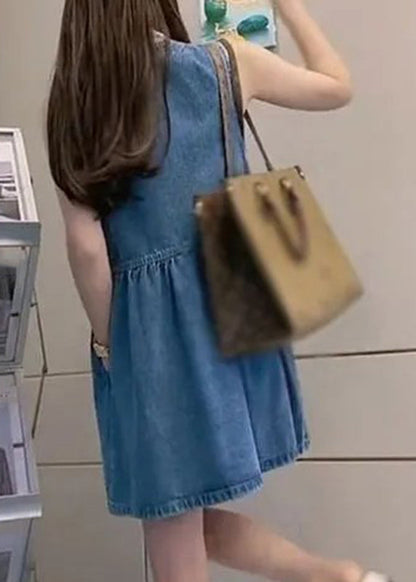 Handmade Blue V Neck Pockets Button Mid Vest Dresses Summer