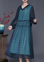 Handmade Blue V Neck Print Silk Maxi Dresses Spring