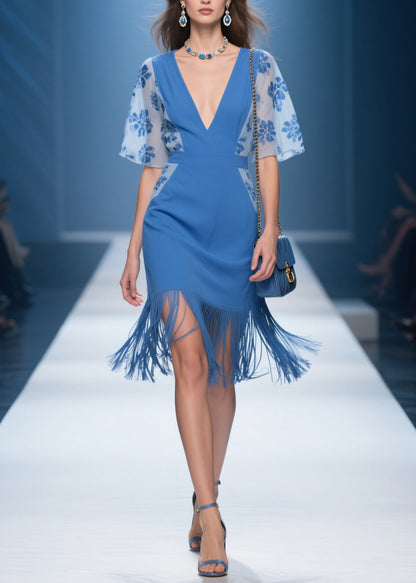 Handmade Blue V Neck Print Tassel Patchwork Cotton Dresses Summer