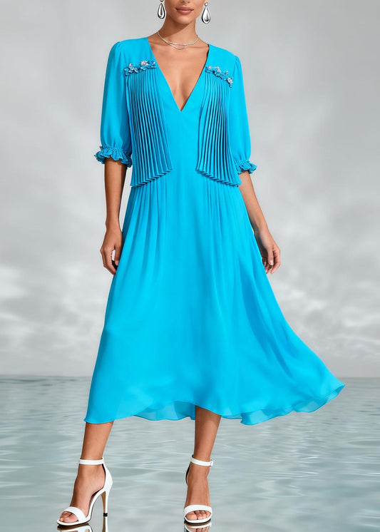 Handmade Blue V Neck Wrinkled Patchwork Chiffon Dress Summer