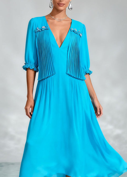Handmade Blue V Neck Wrinkled Patchwork Chiffon Dress Summer