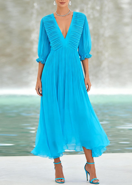 Handmade Blue V Neck Wrinkled Patchwork Chiffon Maxi Dress Summer