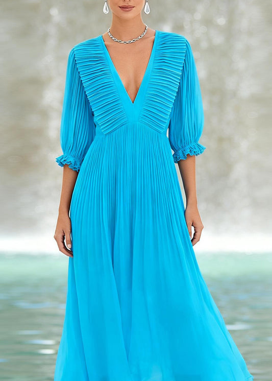 Handmade Blue V Neck Wrinkled Patchwork Chiffon Maxi Dress Summer