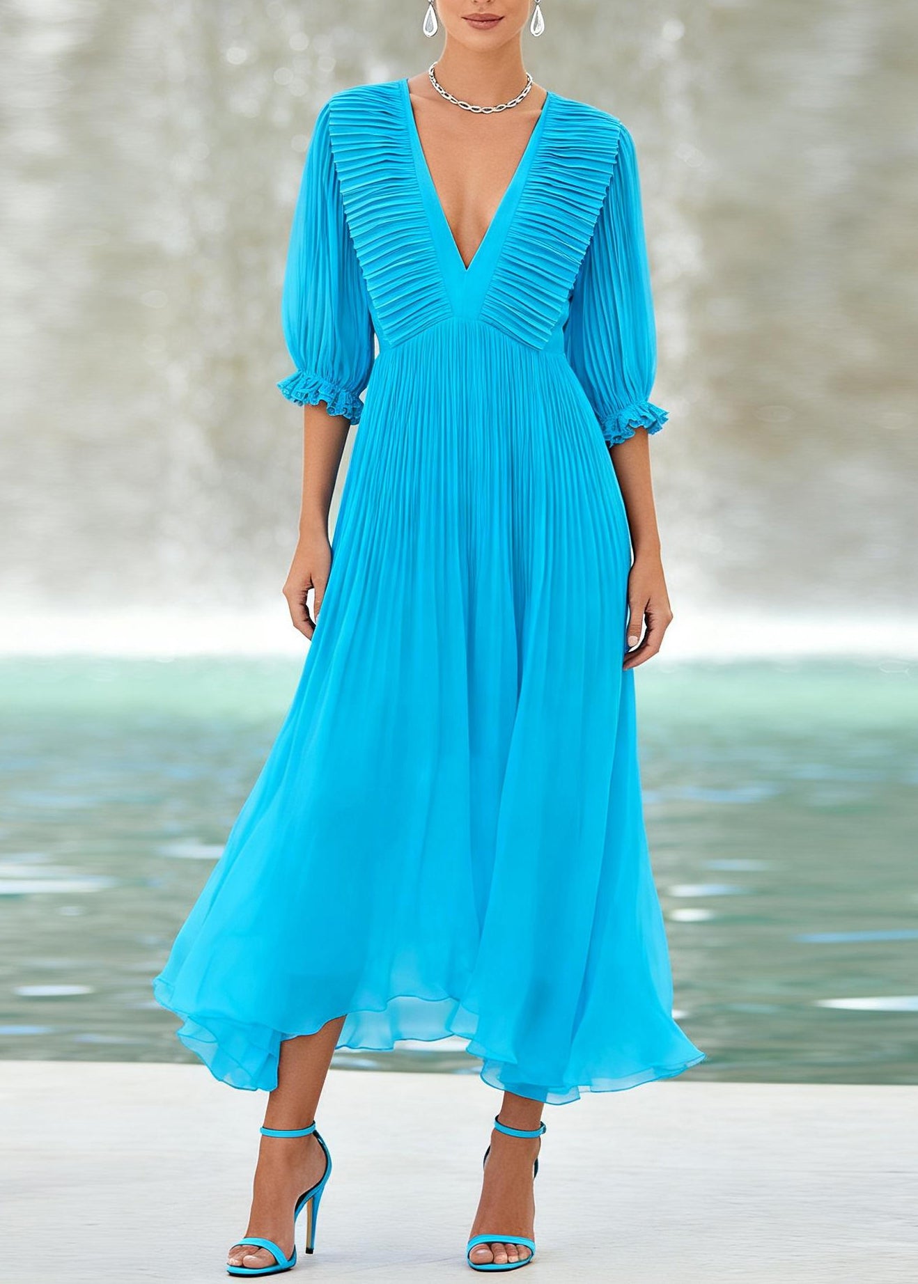 Handmade Blue V Neck Wrinkled Patchwork Chiffon Maxi Dress Summer