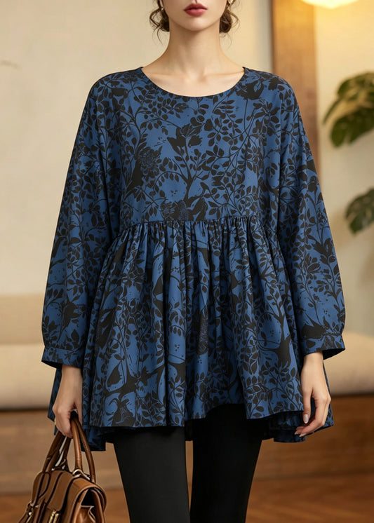 Handmade Blue Wrinkled Print Patchwork Top Fall