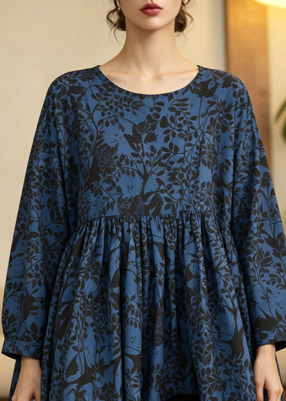Handmade Blue Wrinkled Print Patchwork Top Fall