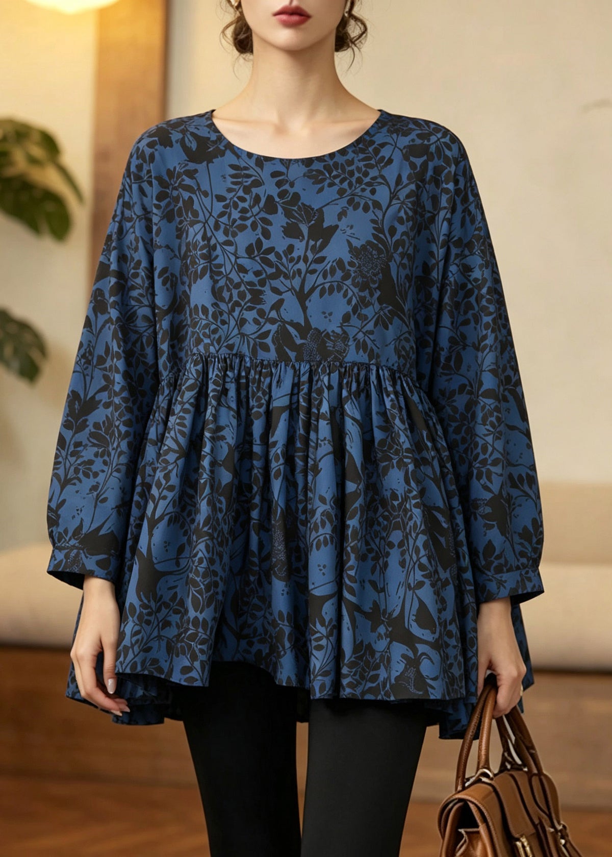 Handmade Blue Wrinkled Print Patchwork Top Fall