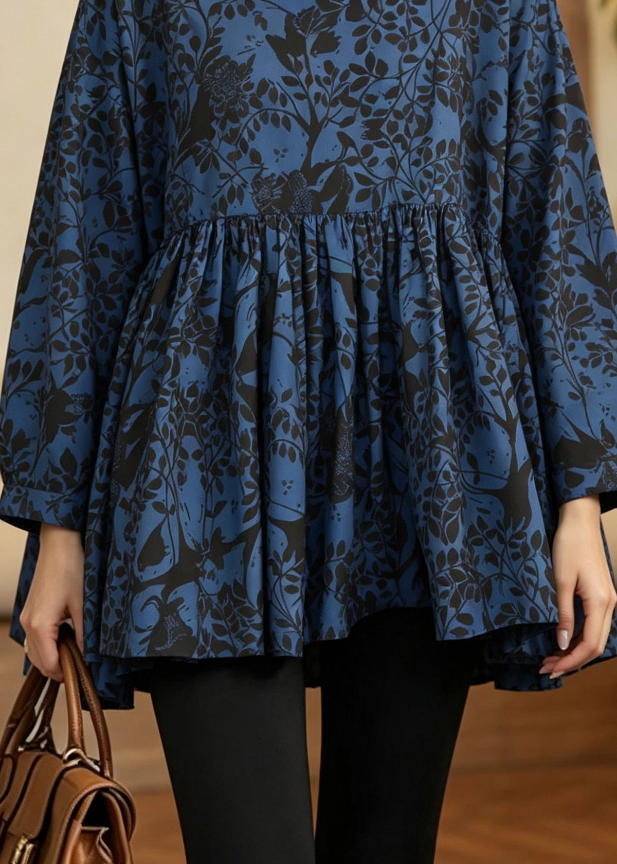 Handmade Blue Wrinkled Print Patchwork Top Fall