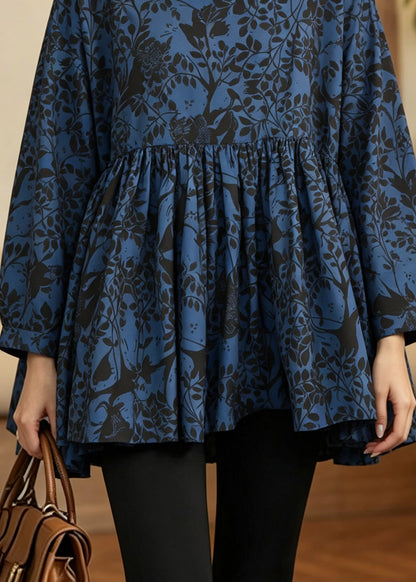 Handmade Blue Wrinkled Print Patchwork Top Fall