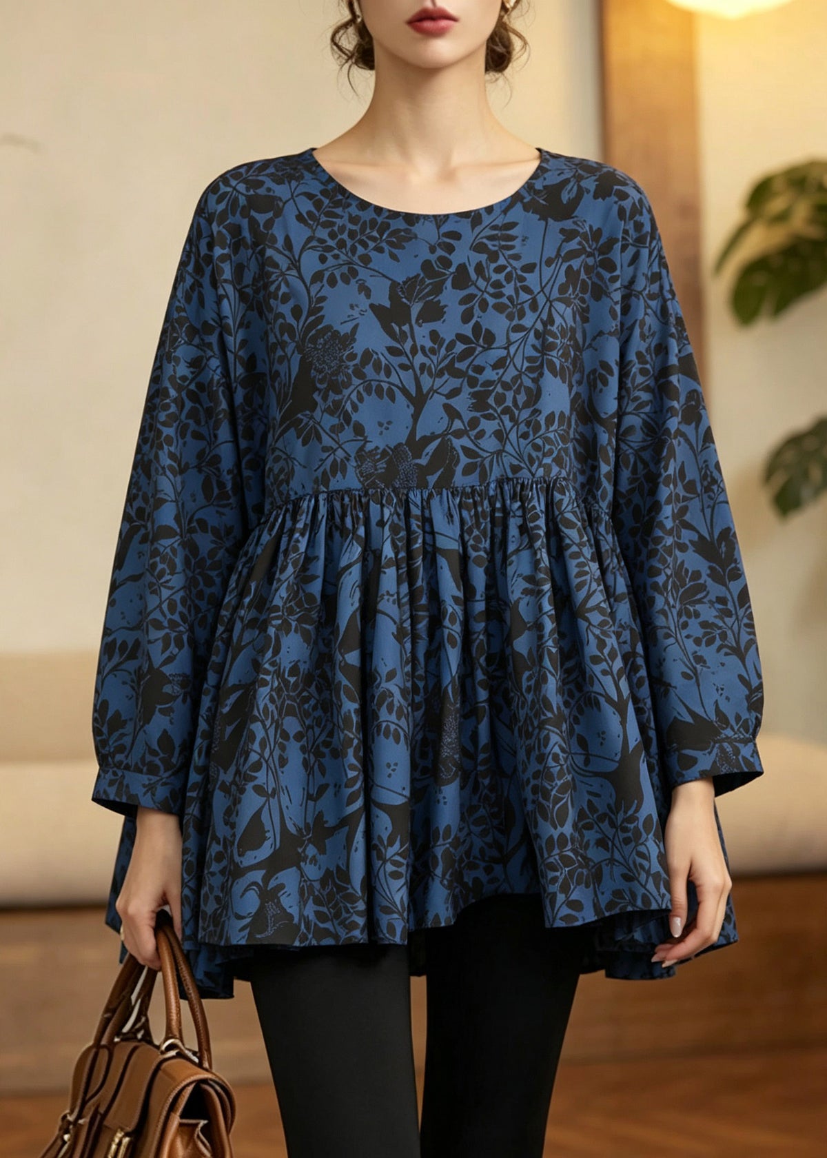 Handmade Blue Wrinkled Print Patchwork Top Fall